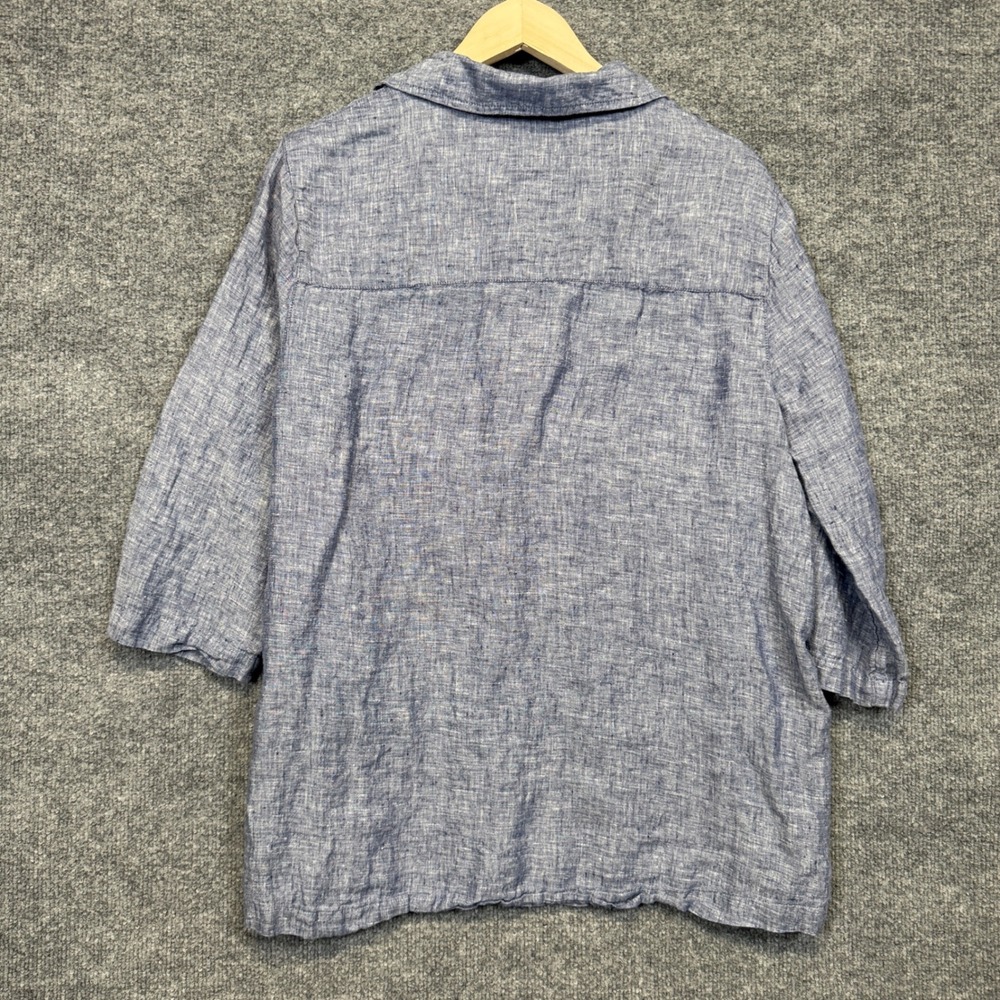 Tahari Size 1X Shirt Blouse Navy Blue Heather Linen Collared Buttons 3/4 Sleeves - Picture 2 of 7